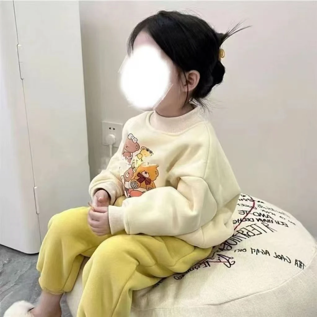女童秋冬加绒加厚款2024新款女宝宝一体毛绒卫衣潮流款卡通洋气