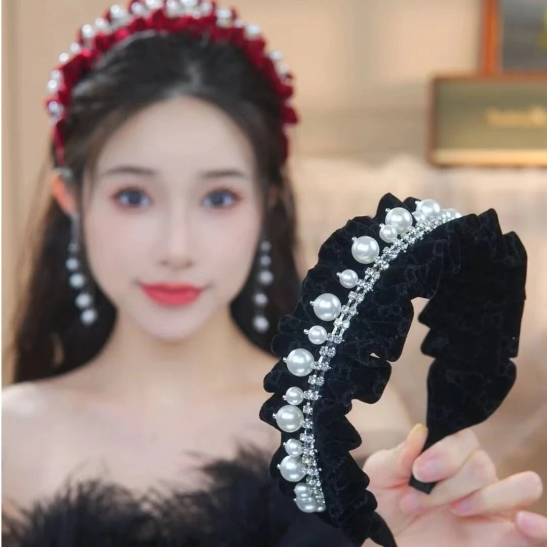 高级感丝绒发箍女款2023秋冬新款高颅顶褶皱头箍外出百搭洋气发窟