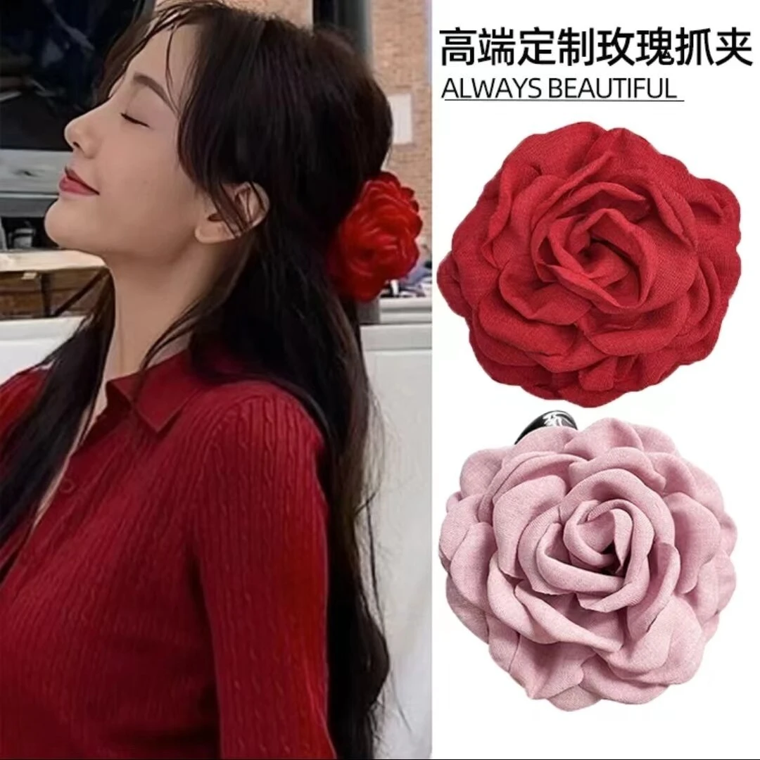 布艺玫瑰花朵发夹时尚复古轻奢鲨鱼夹盘发抓夹法式优雅气质发饰女