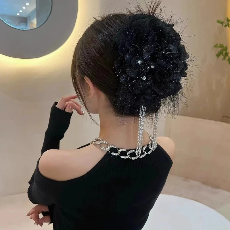 黑色网纱镶钻流苏抓夹超大蝴蝶结后脑勺鲨鱼夹抓夹轻奢高级感发饰