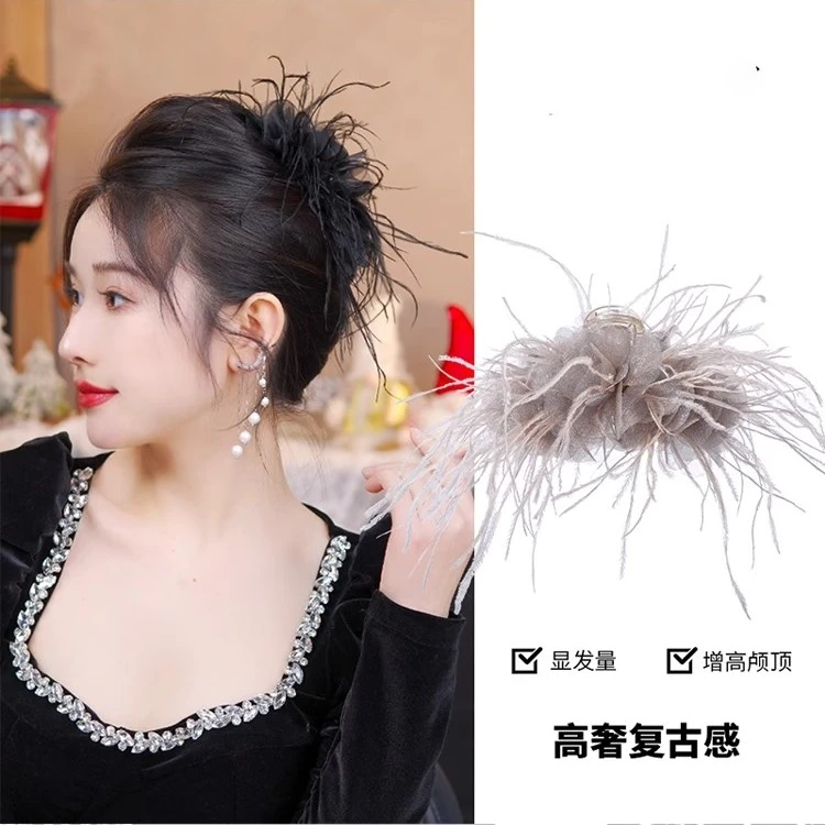 超仙羽毛抓夹女秋冬新款发卡蓬松显发量发夹后脑勺气质鲨鱼夹头饰