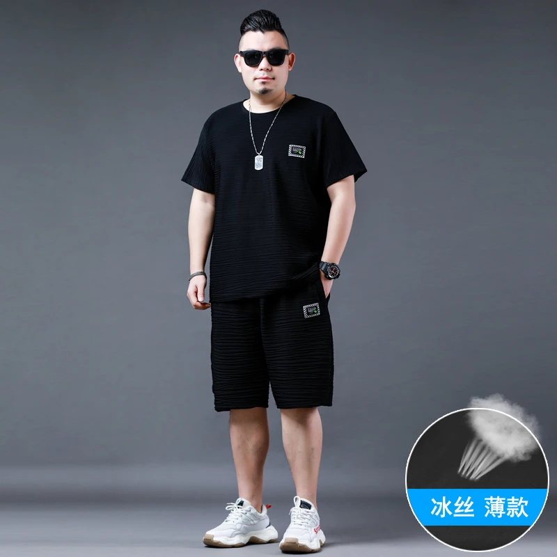 夏装大码男装短袖套装肥佬冰丝弹力运动全套简约松紧腰五分裤10XL