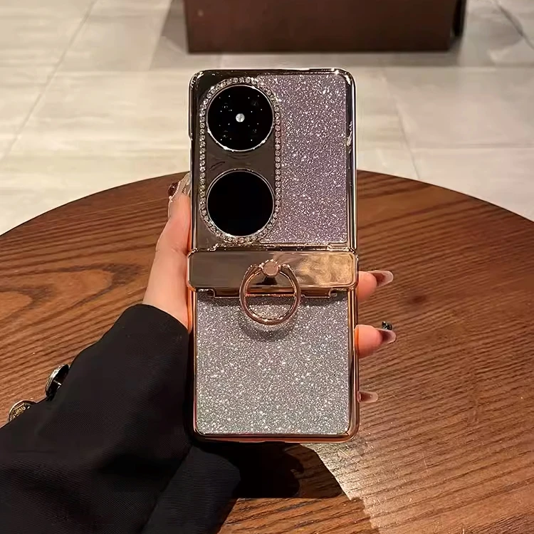 适用华为pocket2手机壳P50宝盒折叠屏女款闪粉指环扣电镀保护套