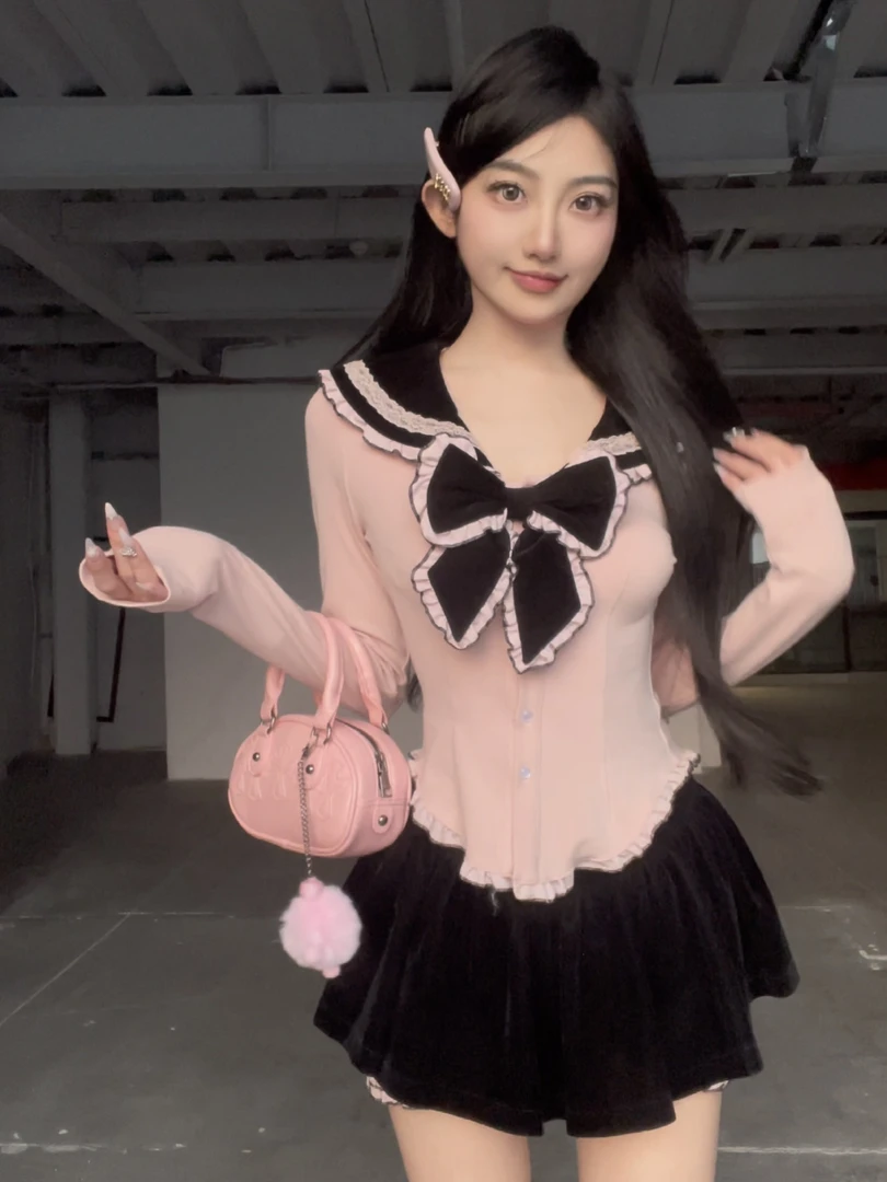 【黑莓可可】春秋新款甜美海军领蝴蝶结显瘦长袖针织衫半身裙套装