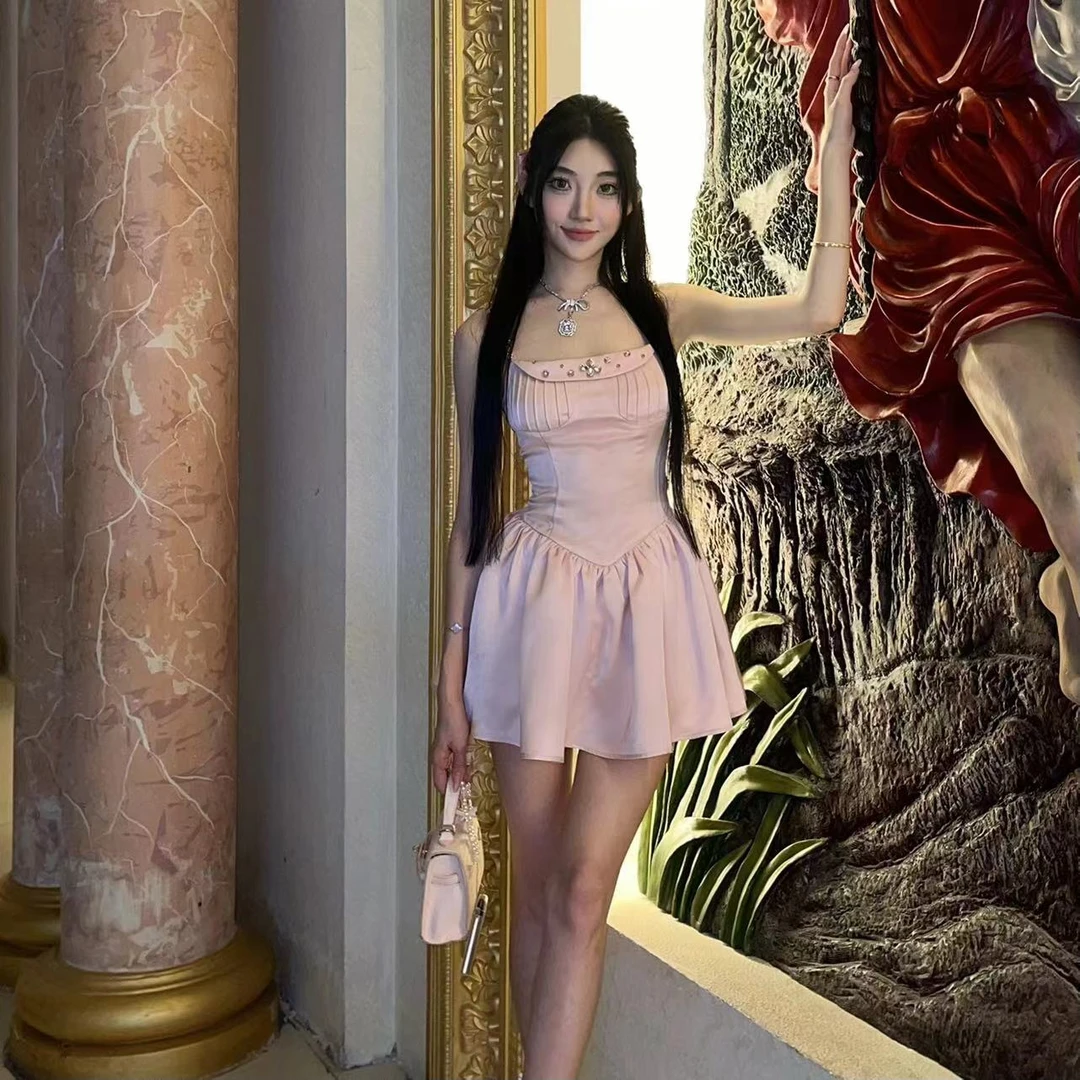 【少女的祈祷】法式夏季新款粉色收腰小礼服女装吊带连衣裙