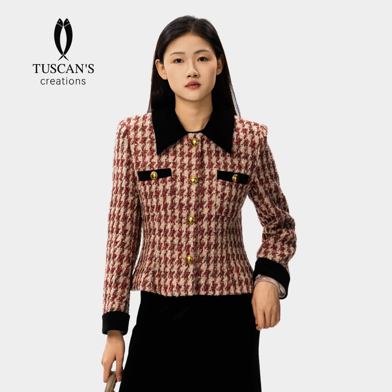 TUSCAN'S CREATIONS时尚复古格纹粗花呢短款外套秋冬女士长袖外套
