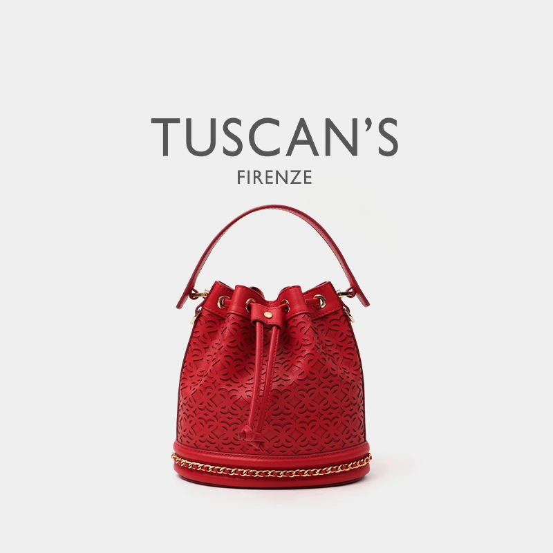 【轻奢】TUSCAN'S镂空雕花抽绳水桶包包女士单肩斜挎真皮时尚SS24时