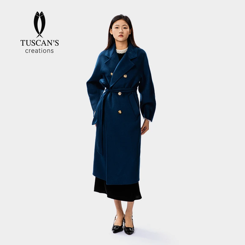TUSCAN'S CREATIONS秋冬新款时尚百搭气质高级蓝女士长款毛呢外套