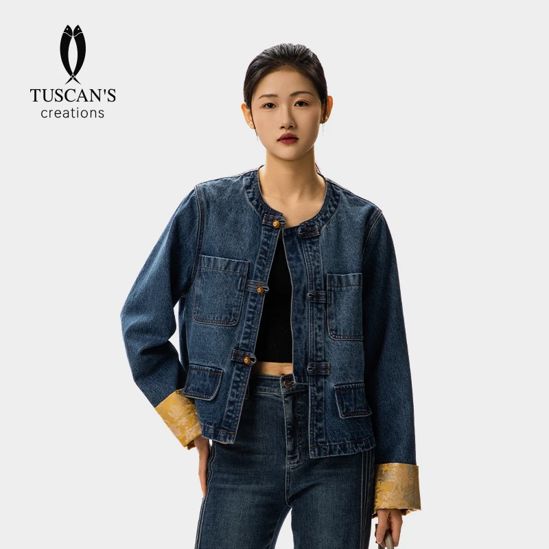 秋冬新中式直筒牛仔外套时尚复古宽松休闲春季短款外套TS时代双鱼