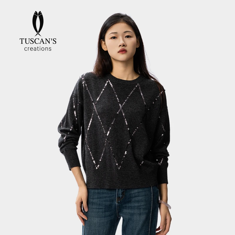 TUSCAN'S CREATIONS秋季新款气质百搭时尚亮片长袖女士套头毛衣