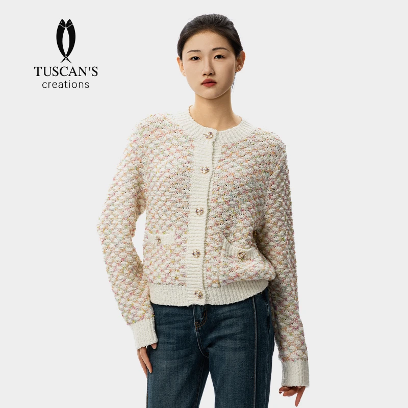 TUSCAN'S CREATIONS彩色毛织短款针织时尚衫小香风长袖毛衣开衫