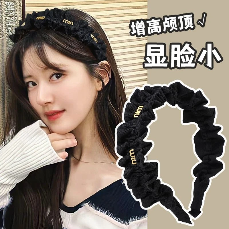 法式波浪褶皱发箍女2024年网红新款高级感黑色头箍高颅顶发卡头饰