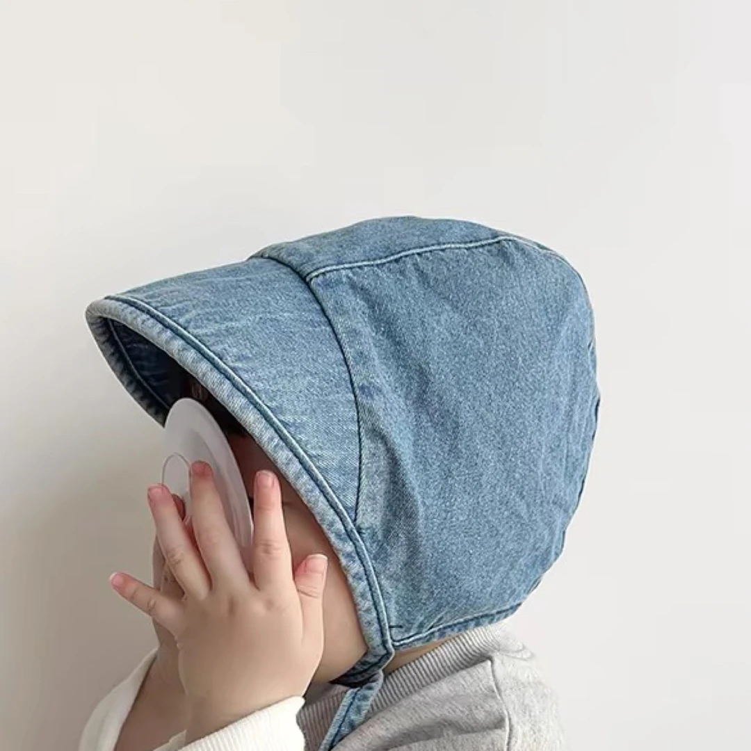 韩版ins潮流牛仔春秋薄款护耳遮阳秋季女宝男童百搭洋气系带宫廷