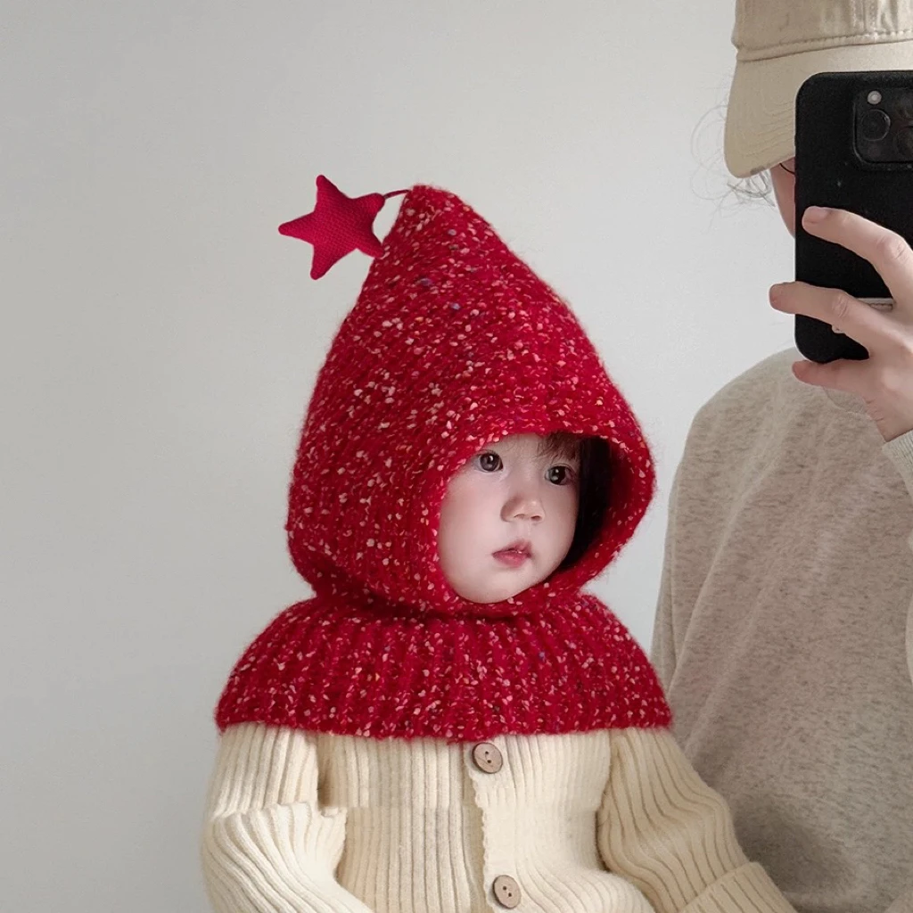 圣诞宝宝帽子冬天尖尖护耳帽婴幼儿童针织毛线帽可爱精灵帽子红色