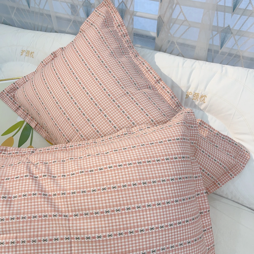 【田园粉】纯棉棉麻细纱老粗布枕套一对装48X74  吸汗透气四季通用