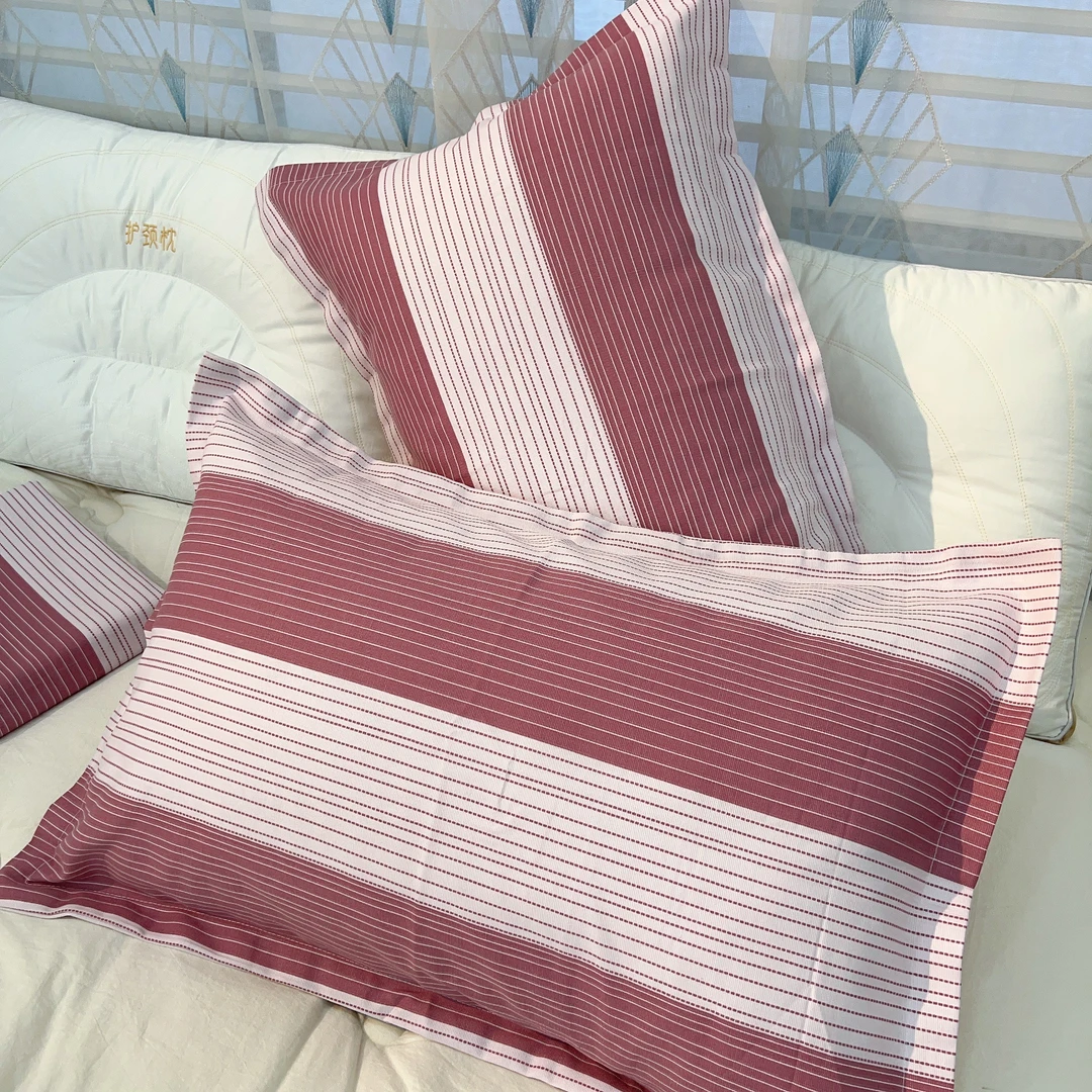 细条粉枕套 纯棉加厚帆布汉麻凉席枕套48X74
