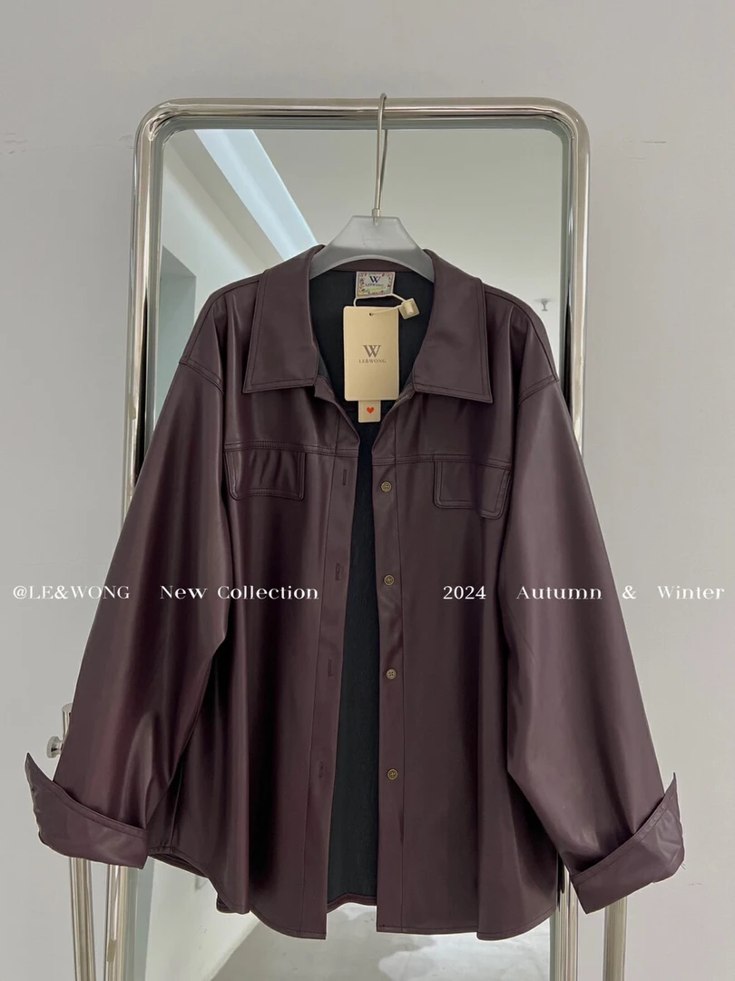 秋冬休闲慵懒Pu皮衬衫外套复古