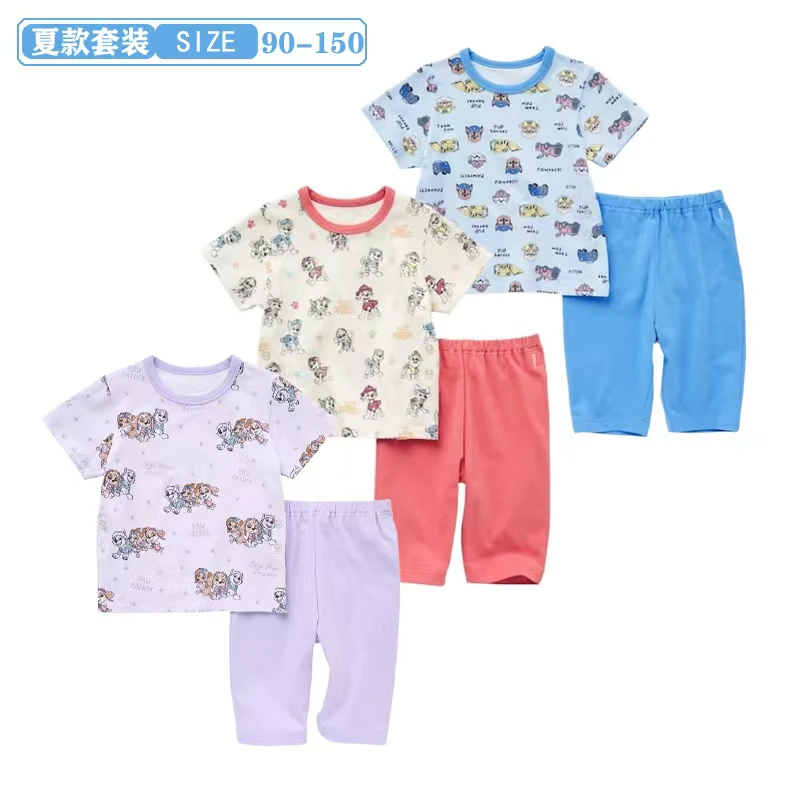 新款夏季男女童家居服套装纯棉儿童薄款短袖短裤两件套空调服卡通