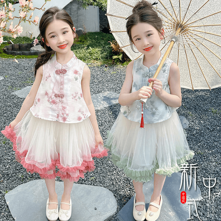 女童夏季新款中式汉服套装中小童国风连衣裙马甲复古风时髦两件套