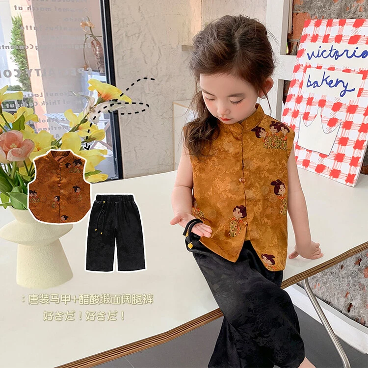 女童夏季新款唐宫夜宴无袖马甲儿童中国风复古提花小童中式阔腿裤