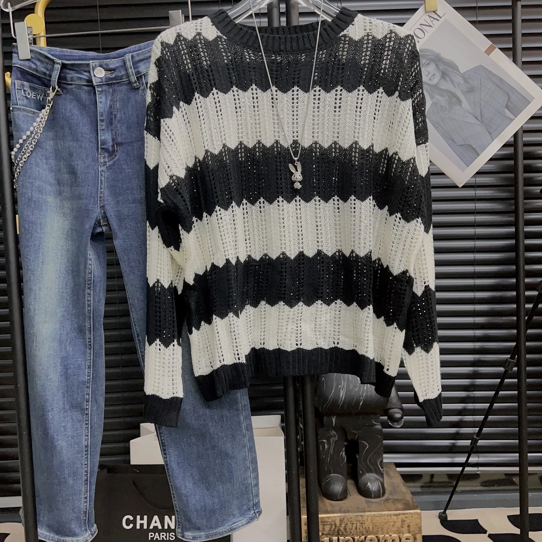 重工欧货宽松烫钻撞色条纹镂空百搭显瘦毛衫上衣