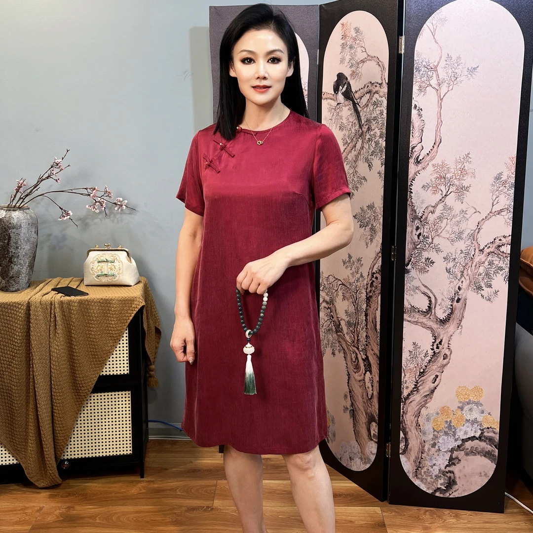 中国风旗袍大码显瘦气质纯色圆领夏季时尚中长款宽松长款旗袍（娜）