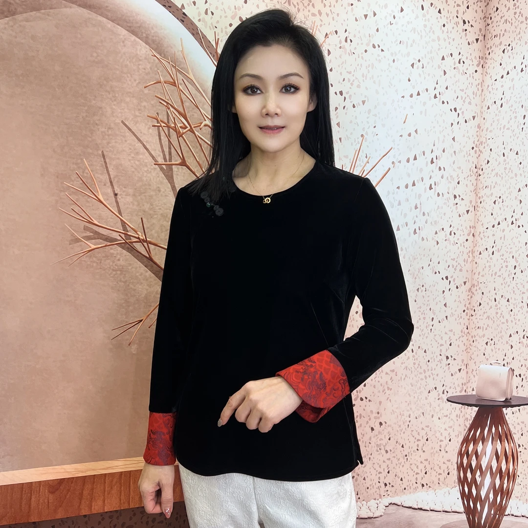 【墨韵】新款黑色新年中式气质盘扣百搭显瘦长袖丝绒小衫【娜】