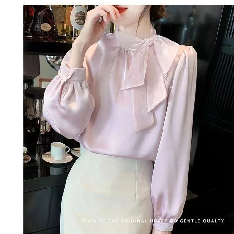 春装女2023年新款侧边蝴蝶结衬衫上衣女法式高级感宽松长袖上衣潮