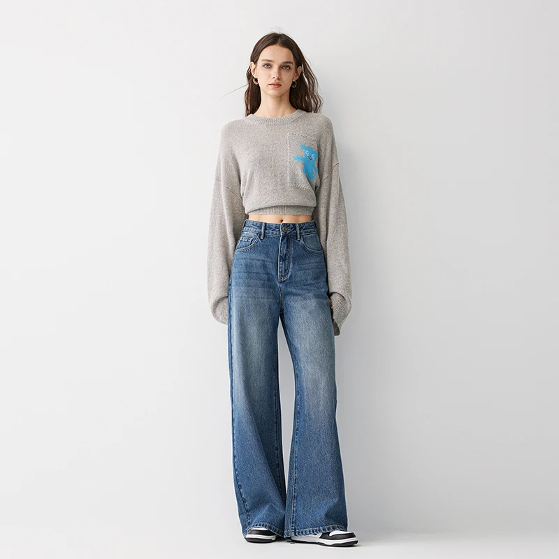 Diran-春季新款超模丹宁无弹中高腰窄版洋气大阔腿牛仔裤女-9301