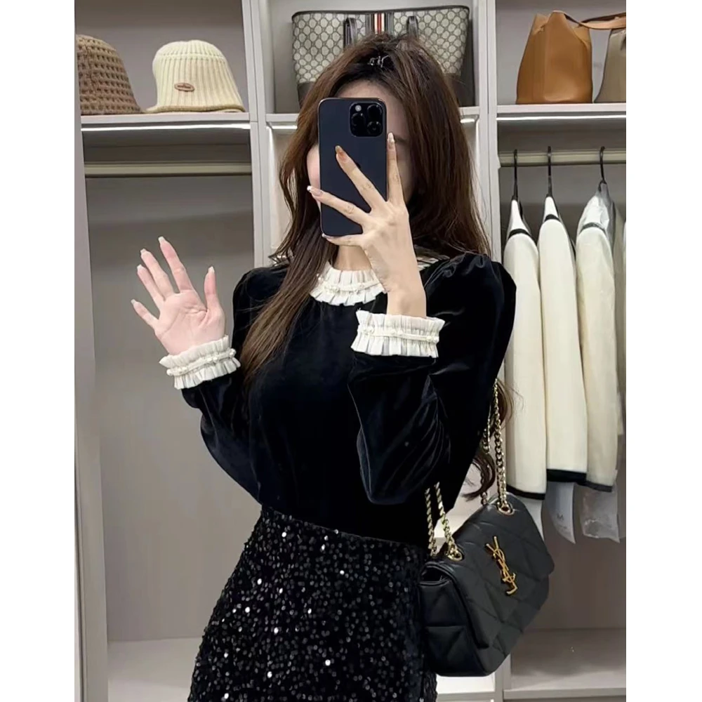 【知心】法式显瘦气质时尚小众洋气黑色拼接长袖衬百搭显瘦亮片裙女