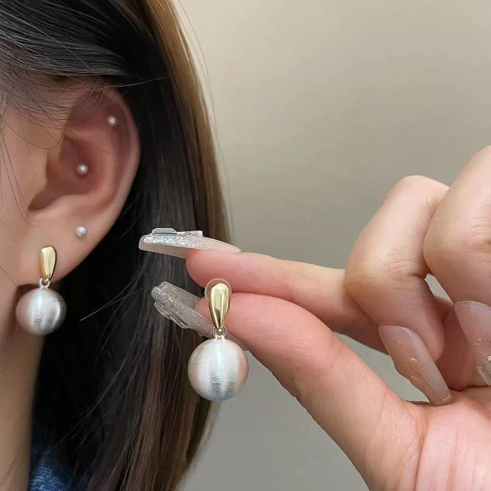 铜合金耳饰 925银针拉丝珠珠耳钉气质轻奢百搭法式小众优雅F957