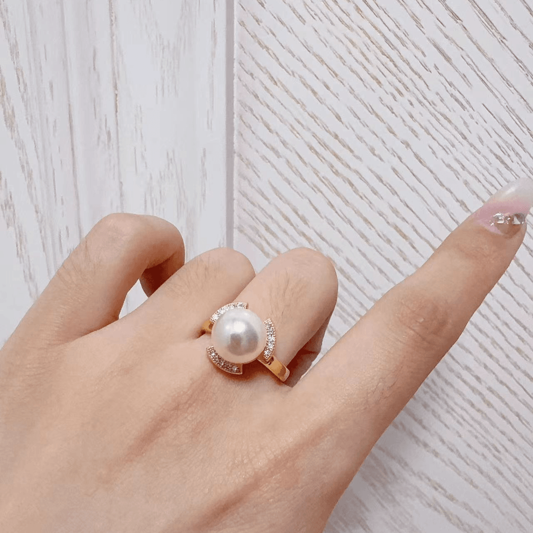 铜合金仿珍珠戒指 珠珠锆石可调节戒指女款轻奢高级感食指戒F873