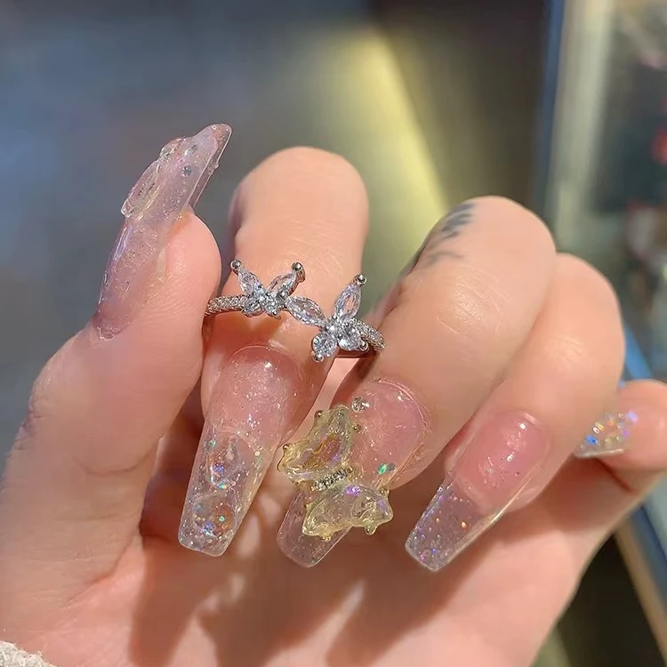 铜合金合成锆石戒指 气质个性双蝴蝶开口戒精致冷淡轻奢高级F909