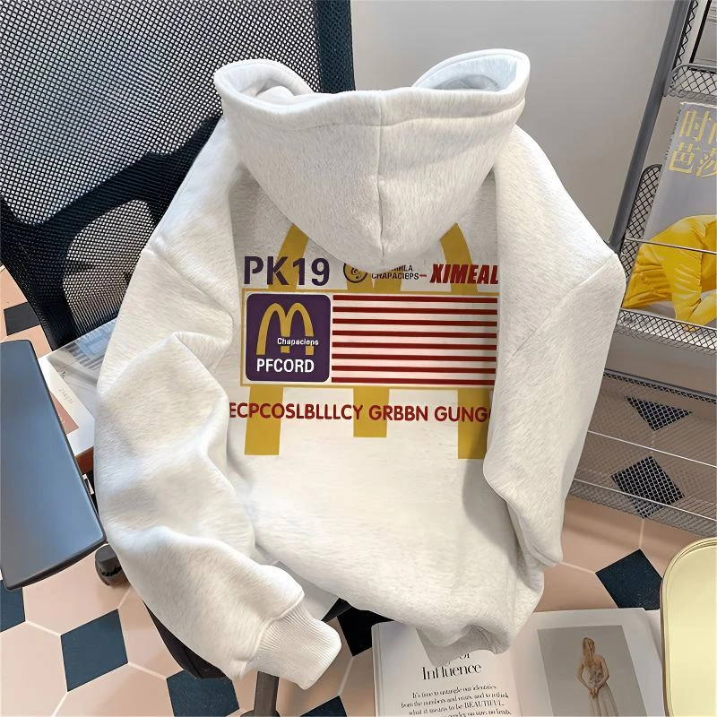 纯棉oversize美式字母设计感连帽加绒卫衣男女生宽松冬季上衣外套