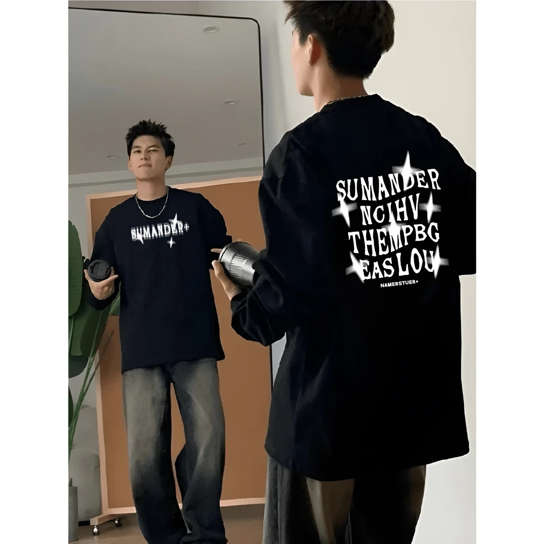 美式重磅纯棉五芒星字母晕染印花长袖t恤男秋季青少年宽松简约T恤