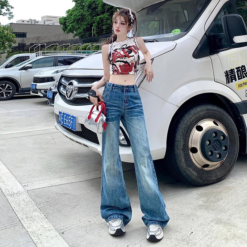 美式复古辣妹低腰直筒牛仔裤女2024新款薄款百搭宽松不贴腿阔腿裤