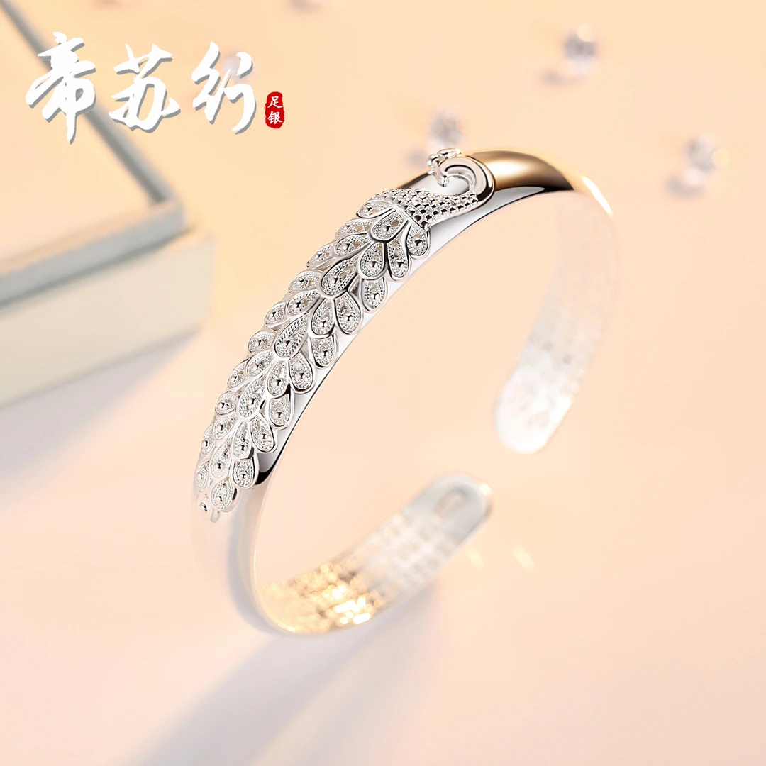 足银手镯 孔雀999纯银开口手镯内侧心经手工银饰送妈妈外婆