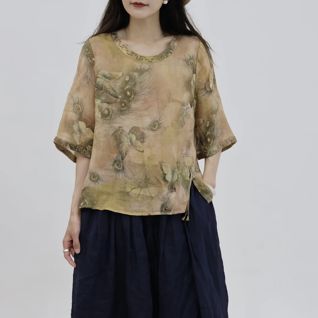 忆品【100支纯苎麻】夏季百搭文艺宽松复古印花圆领刺绣龄T恤5509