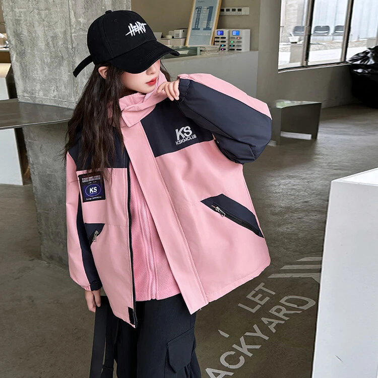 女童新款外套冲锋衣拼色防风防水保暖抗寒中大童夹棉宽松秋冬外套