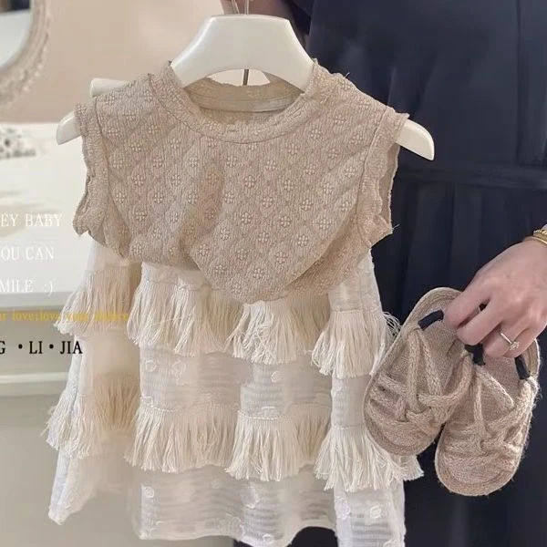 圆子家 新款女童蕾丝背心流苏半裙两件套女宝宝提花无袖裙子套装