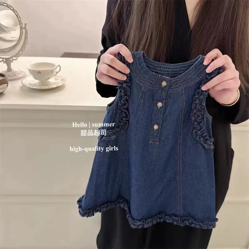圆子家 牛仔背心女童连衣裙夏季洋气木耳边无袖裙子L576