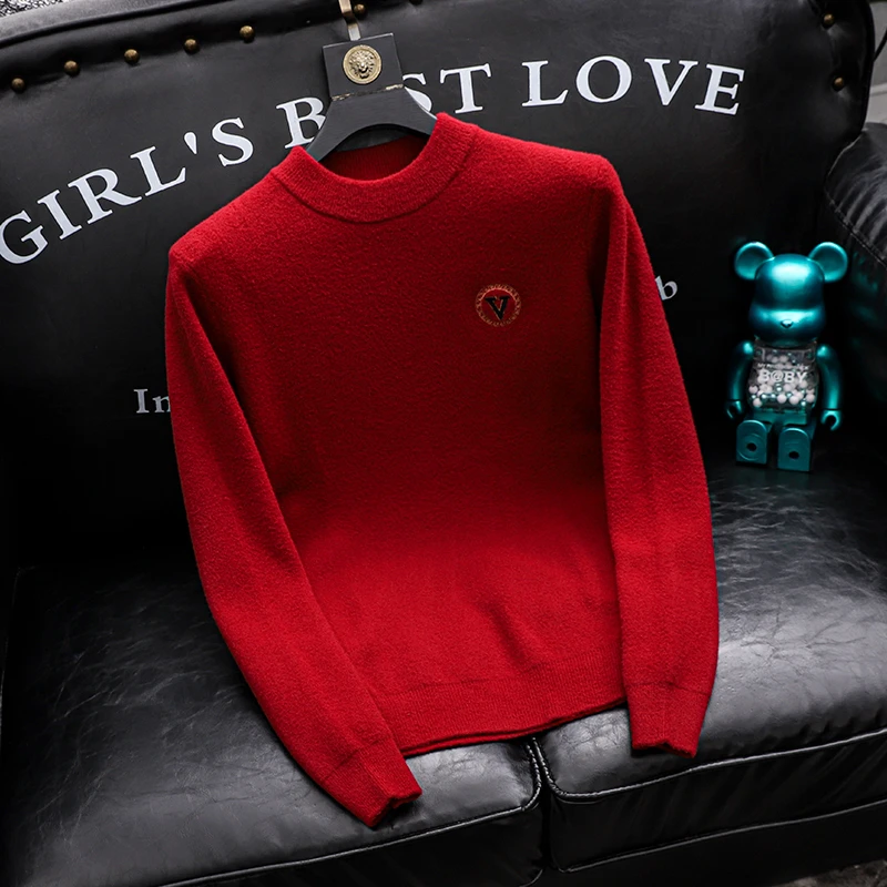 欧洲站红色羊毛衫男2024冬季新款男士针织衫套头毛衣纯色简约男