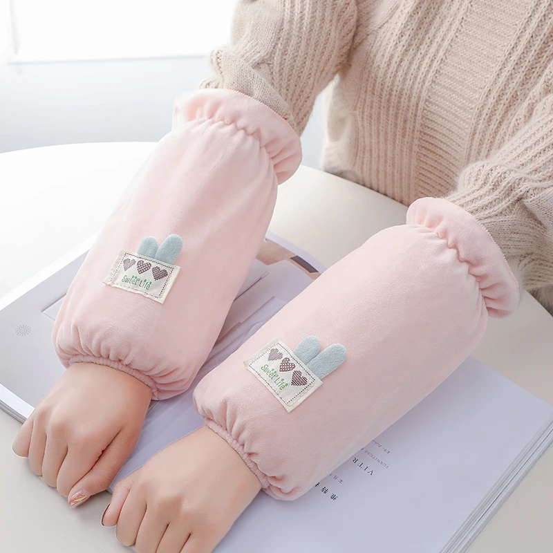 袖套秋冬季加厚长款防脏袖子学生工作护袖可爱二合一毛绒手套袖筒