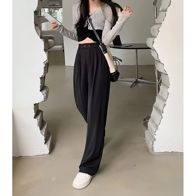 SJ00019垂感休闲西装裤女春秋韩版大高腰宽松直筒拖地阔腿裤