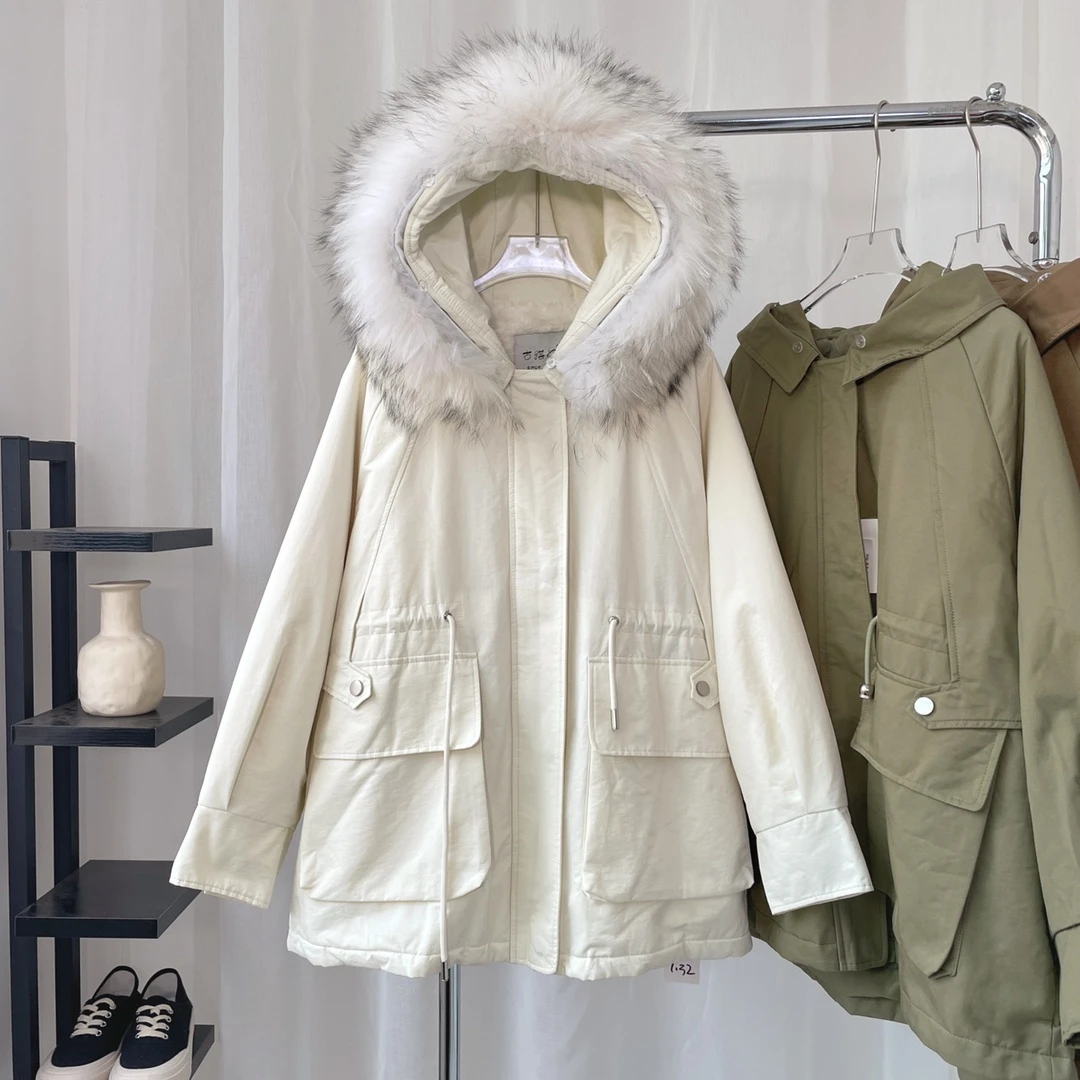 W00122加绒加厚抽绳收腰显瘦派克外套（不含毛领）