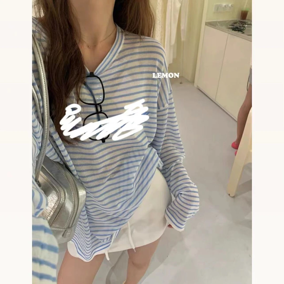 W00624 条纹长袖t恤女小清新夏宽松薄款罩衫ins网红长袖防晒衫上