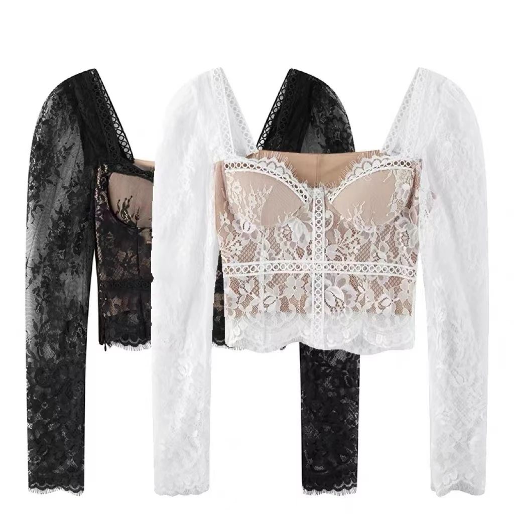 A4995秋季新款高级感带垫垫短款超软糯蕾丝花边上衣巨显瘦