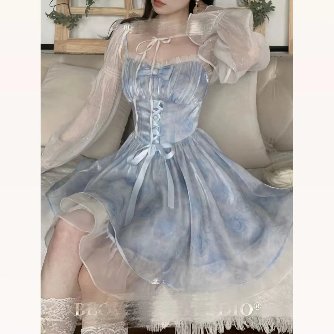 QF00406幻晶冰海 甜美公主裙蓝色晕染绑带收腰吊带连衣裙女夏季