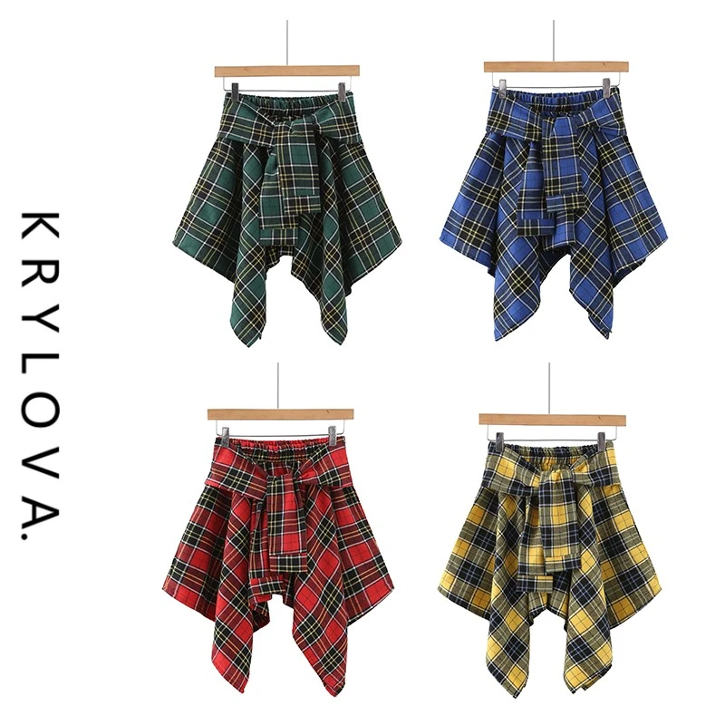 树XIA格子裙街舞裙街头个性格纹半身裙显瘦松紧不规则裙系带裙