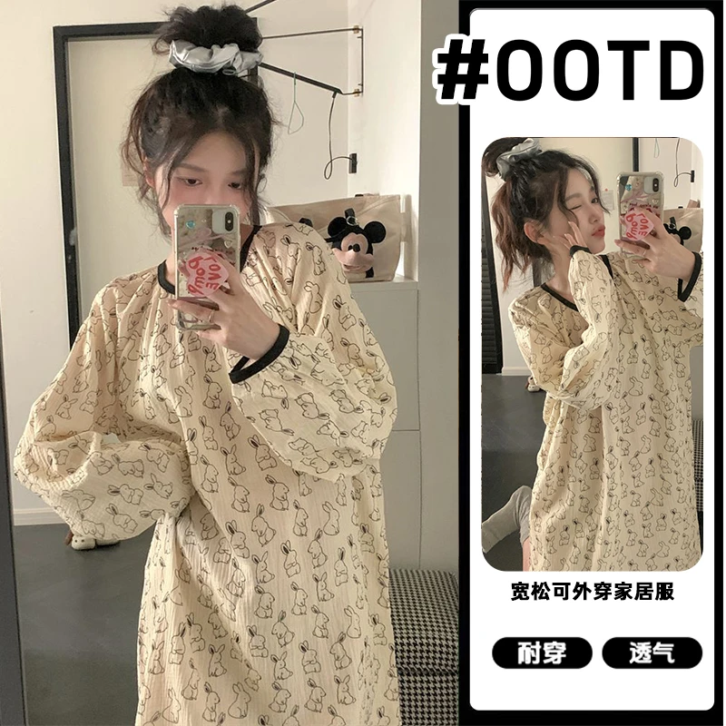 春秋长袖睡裙女款爆款2024新款卡通兔子甜美可爱中长款睡衣家居服